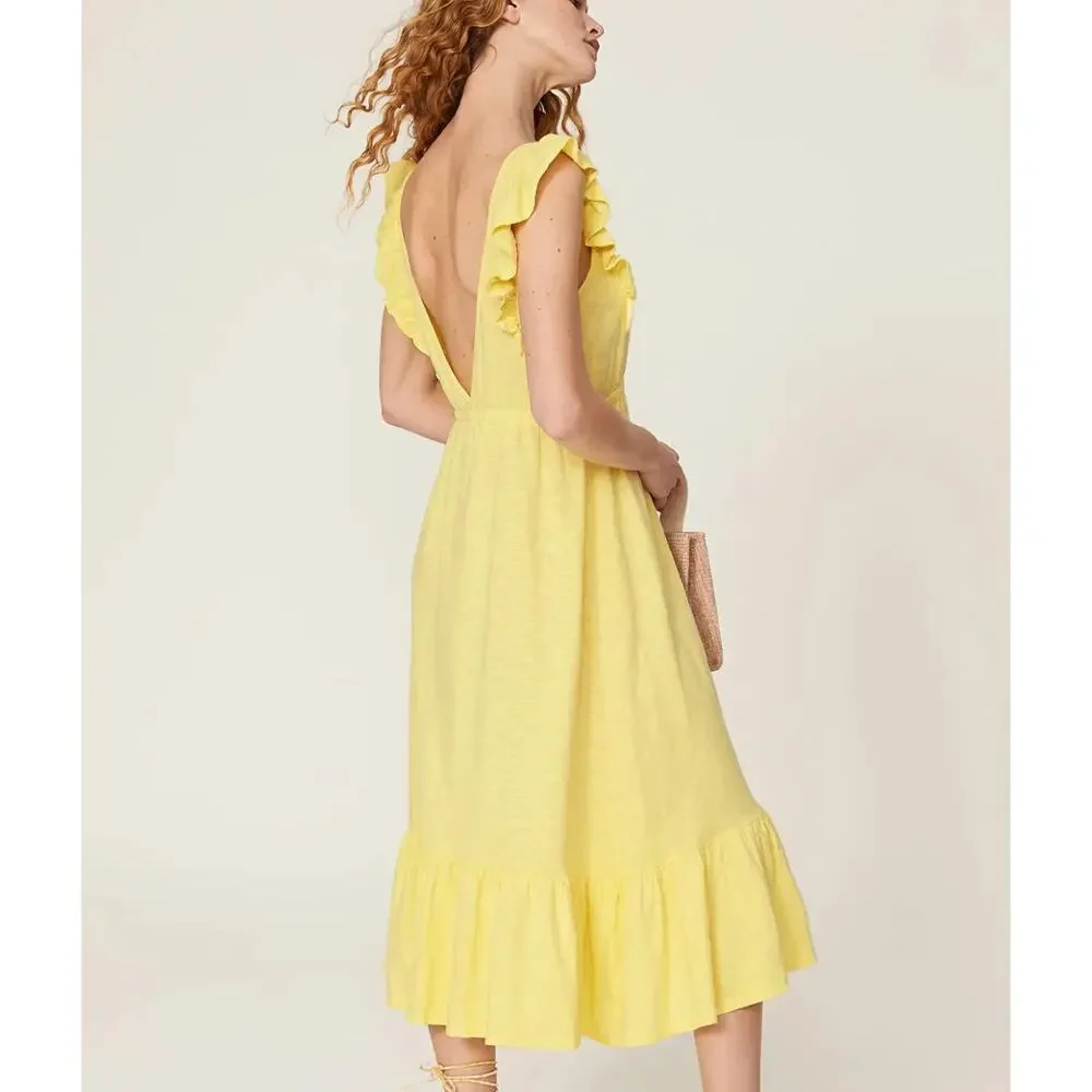 BA&SH Yellow Prairie Midi Dress SMALL Cottage Tiered Ruffle Cotton Designer $220 - Picture 3 of 10